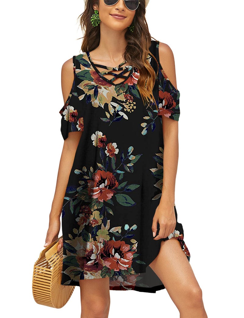 Bluetime Women Cold Shoulder Summer Dress Short Sleeve Beach Casual Loose Swing Dress (XL, Floral10) - Image 1